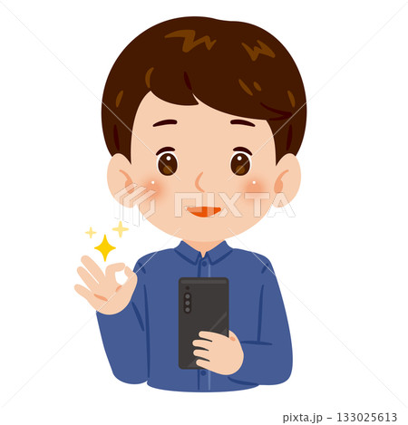 スマートフォンを持ってOKポーズする男性　上半身イラスト 133025613