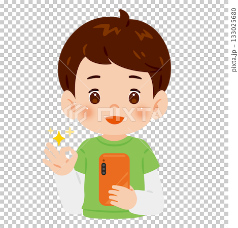Boy holding a smartphone and making an OK pose Upper body illustration 133025680