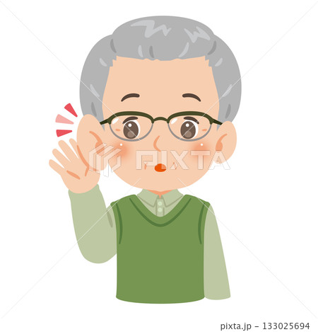 聞き耳を立てるシニア男性　上半身イラスト 133025694