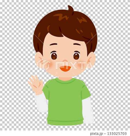 男孩舉起一隻手打招呼(上半身插圖) 男孩舉起一隻手打招呼(上半身插圖) 133025703