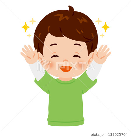 両手を上げて万歳する笑顔の男の子 上半身イラスト 両手を上げて万歳する笑顔の男の子 上半身イラスト 133025704