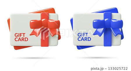 3d Gift card icons and shopping certificate with red and blue ribbons and bows 133025722