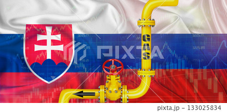Gas pipeline with Russian and Slovak flag. Production and export of Russian gas to Slovakia 133025834