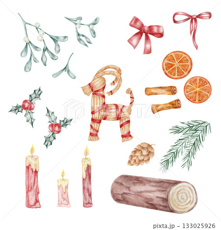 Collection of watercolor clipart featuring Yule goat, candles, mistletoe, pine, ribbon, and oranges, all hand drawn. Perfect for Christmas cards, stickers, labels, and festive compositions. Collection of watercolor clipart featuring Yule goat, candles, mistletoe, pine, ribbon, and oranges, all hand drawn. Perfect for Christmas cards, stickers, labels, and festive compositions. 133025926
