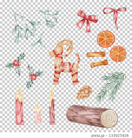 Collection of watercolor clipart featuring Yule goat, candles, mistletoe, pine, ribbon, and oranges, all hand drawn. Perfect for Christmas cards, stickers, labels, and festive compositions. Collection of watercolor clipart featuring Yule goat, candles, mistletoe, pine, ribbon, and oranges, all hand drawn. Perfect for Christmas cards, stickers, labels, and festive compositions. 133025926