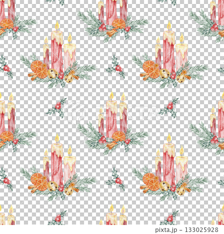 Watercolor seamless pattern with advent candles and pine branches, hand drawn. Designed for use in holiday gift wrap, fabric design, winter labels, or festive stationery. Watercolor seamless pattern with advent candles and pine branches, hand drawn. Designed for use in holiday gift wrap, fabric design, winter labels, or festive stationery. 133025928