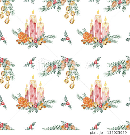Watercolor clipart pattern showing candles, pine branches, and golden bells, hand drawn. Ideal for Christmas wrapping paper, textile design, invitations, or festive packaging. Watercolor clipart pattern showing candles, pine branches, and golden bells, hand drawn. Ideal for Christmas wrapping paper, textile design, invitations, or festive packaging. 133025929