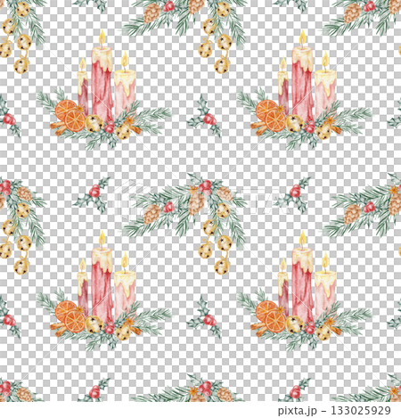 Watercolor clipart pattern showing candles, pine branches, and golden bells, hand drawn. Ideal for Christmas wrapping paper, textile design, invitations, or festive packaging. Watercolor clipart pattern showing candles, pine branches, and golden bells, hand drawn. Ideal for Christmas wrapping paper, textile design, invitations, or festive packaging. 133025929