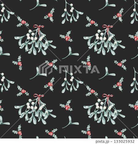 Black seamless pattern with watercolor mistletoe branches and red bows, hand drawn. Great for winter textile prints, Christmas packaging, fabric, or digital scrapbook use. Black seamless pattern with watercolor mistletoe branches and red bows, hand drawn. Great for winter textile prints, Christmas packaging, fabric, or digital scrapbook use. 133025932