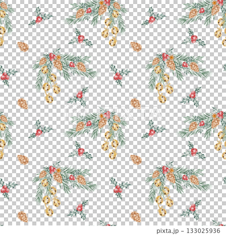 Seamless pattern with pine sprigs, bells, and cones painted in delicate tones, hand drawn watercolor illustration perfect for Christmas packaging, digital papers, and card design. 133025936