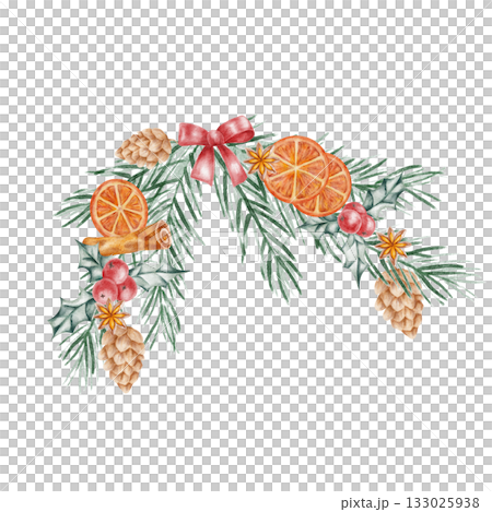 Dried oranges, pinecones, and holly tied with a bow in detailed watercolor illustration for use in Christmas cards, festive stationery, wrapping paper, and home decor printable artwork. Dried oranges, pinecones, and holly tied with a bow in detailed watercolor illustration for use in Christmas cards, festive stationery, wrapping paper, and home decor printable artwork. 133025938