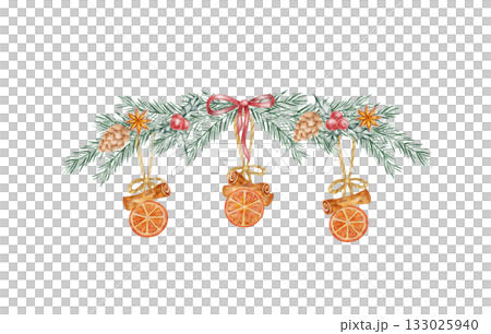 Hanging oranges and bows among pine sprigs in hand drawn watercolor illustration perfect for festive borders, product labels, gift wrapping, and rustic Christmas card or poster design. 133025940
