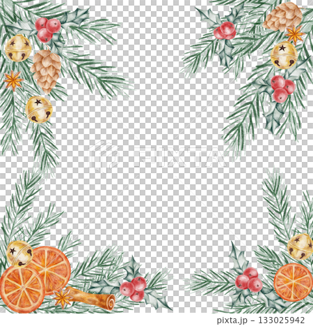Green pine branches, dried oranges, and golden bells forming a festive frame, hand drawn watercolor illustration ideal for borders, greeting cards, printable decor, and Christmas stationery. 133025942