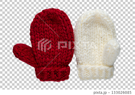 Pair of cozy, hand-knitted wool mittens isolated on transparent background. Concept for winter warmth, cold weather, handmade comfort 133026085