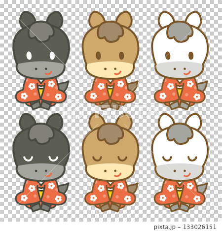 可愛的馬匹姿勢問候套裝（和服） 133026151