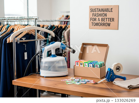 Sustainable clothing store with garment steamer and size markers on display 133026269