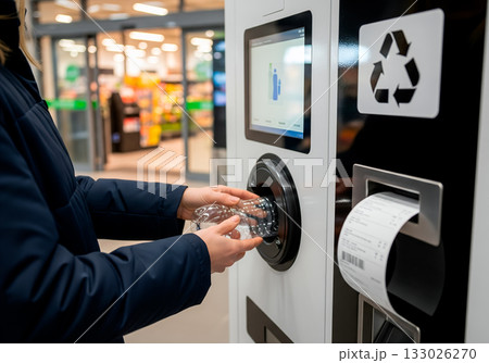 Recycling machine in supermarket with person returning plastic bottle Recycling machine in supermarket with person returning plastic bottle 133026270