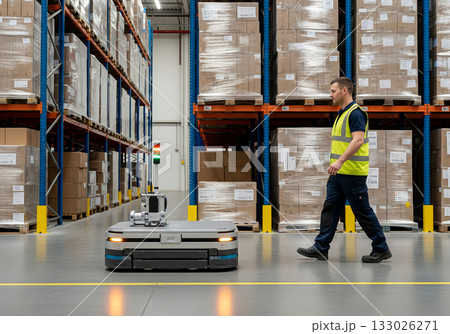 Warehouse automation: male worker supervising robotic cart in logistics facility Warehouse automation: male worker supervising robotic cart in logistics facility 133026271