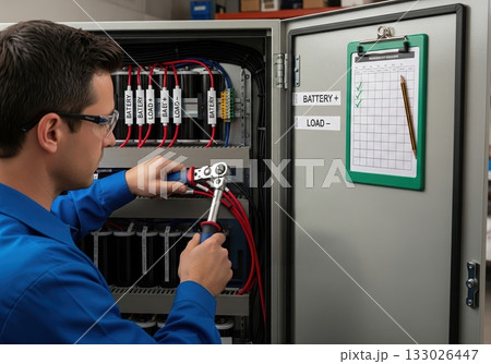 An electrician wearing safety glasses maintains a battery system with a ratchet, using a checklist to ensure battery system performance and load balancing An electrician wearing safety glasses maintains a battery system with a ratchet, using a checklist to ensure battery system performance and load balancing 133026447