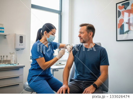 In a medical office, a nurse gives a vaccine to a patient, emphasizing the importance of preventative healthcare and immunization for public health In a medical office, a nurse gives a vaccine to a patient, emphasizing the importance of preventative healthcare and immunization for public health 133026474