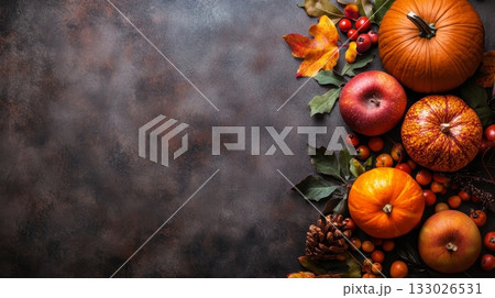 Colorful autumn harvest scene with pumpkins, apples, and fall leaves arranged on a rustic dark background, perfect for seasonal designs. Copy space available 133026531