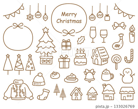 クリスマスの手描きのイラストセット、茶色の線画 クリスマスの手描きのイラストセット、茶色の線画 133026769
