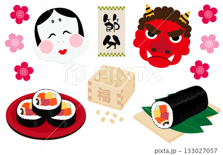 節分の鬼とおかめ、豆と恵方巻きと巻きずし 133027057