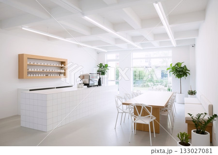 白で清潔感のあるモダンカフェのインテリア・店内デザイン 133027081