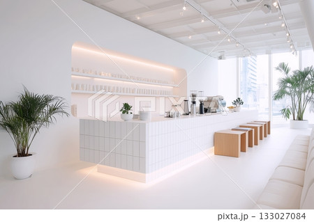 白で清潔感のあるモダンカフェのインテリア・店内デザイン 133027084