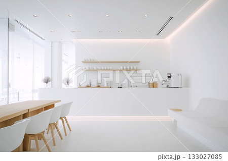 白で清潔感のあるモダンカフェのインテリア・店内デザイン 133027085
