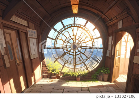ゲーム背景　スチームパンク飛行船の円形窓 133027106
