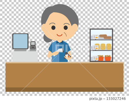レジで接客をするシニア女性店員のイメージイラスト 133027246