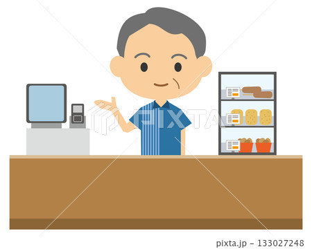 レジで接客をするシニア男性店員のイメージイラスト 133027248