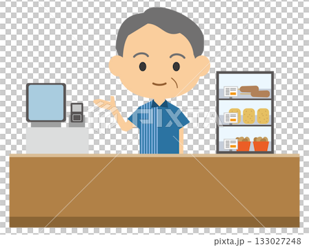 レジで接客をするシニア男性店員のイメージイラスト 133027248