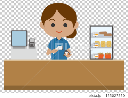 Illustration of a foreign female store clerk serving customers at the cash register Illustration of a foreign female store clerk serving customers at the cash register 133027250