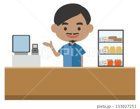 レジで接客をする外国人男性店員のイメージイラスト 133027251