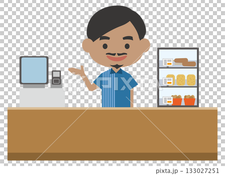 レジで接客をする外国人男性店員のイメージイラスト 133027251