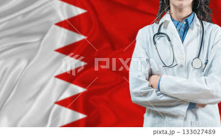 Medical professional on Bahrain flag. Healthcare and wellness in Bahrain, Concept 133027489