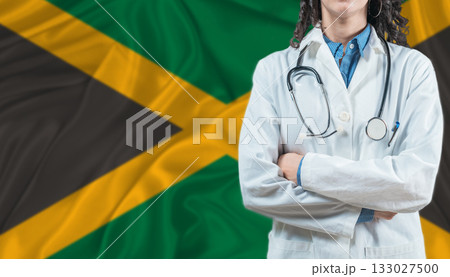 Medical professional on Jamaica flag. Healthcare and wellness in Jamaica, Concept 133027500