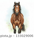 丘の上に立つ凛々しい茶色の馬の水彩イラスト素材・空と草原・動物・干支 133029006