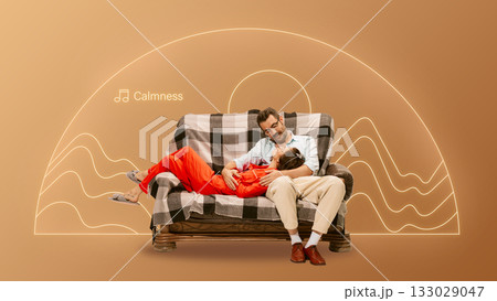 Modern collage. Couple relaxing on sofa with calm music interface on warm background. 133029047