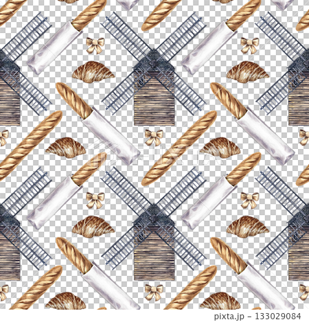 Seamless pattern with French pastries. French baguette and croissant, windmill. Hand-drawn watercolor illustration. Elements of French cuisine. For menus, labels and packaging, textiles and decor. 133029084