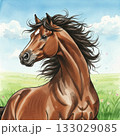 風になびくたてがみが美しい茶色の馬の顔のアップの水彩イラスト・草原　2026年　年賀状素材　午年 133029085