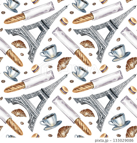 Seamless pattern with French pastries. Hand-drawn watercolor illustration. French baguette, almond biscuit, croissant, Eiffel Tower. For cafe design and decor, menu, packaging paper, textile 133029086