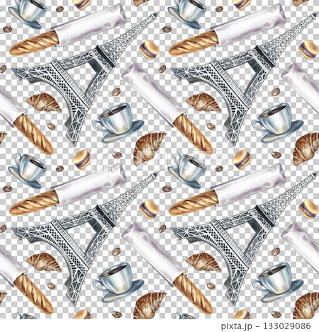Seamless pattern with French pastries. Hand-drawn watercolor illustration. French baguette, almond biscuit, croissant, Eiffel Tower. For cafe design and decor, menu, packaging paper, textile Seamless pattern with French pastries. Hand-drawn watercolor illustration. French baguette, almond biscuit, croissant, Eiffel Tower. For cafe design and decor, menu, packaging paper, textile 133029086