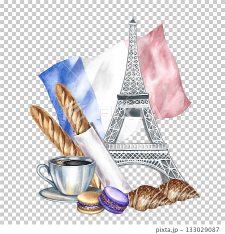 French pastries. Hand-drawn watercolor illustration. French baguette, macaroons, croissant, cup of coffee, and the Eiffel Tower against the backdrop of the French flag. For menus, labels, packaging. French pastries. Hand-drawn watercolor illustration. French baguette, macaroons, croissant, cup of coffee, and the Eiffel Tower against the backdrop of the French flag. For menus, labels, packaging. 133029087