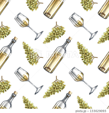 Seamless wine pattern. A bottle of white wine, a glass, and a bunch of grapes. Hand-drawn watercolor illustration. For packaging and labels. For textiles and wallpaper. For restaurant and bar menus. Seamless wine pattern. A bottle of white wine, a glass, and a bunch of grapes. Hand-drawn watercolor illustration. For packaging and labels. For textiles and wallpaper. For restaurant and bar menus. 133029093