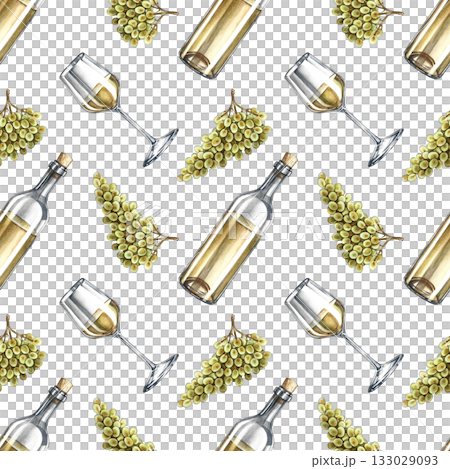 Seamless wine pattern. A bottle of white wine, a glass, and a bunch of grapes. Hand-drawn watercolor illustration. For packaging and labels. For textiles and wallpaper. For restaurant and bar menus. Seamless wine pattern. A bottle of white wine, a glass, and a bunch of grapes. Hand-drawn watercolor illustration. For packaging and labels. For textiles and wallpaper. For restaurant and bar menus. 133029093