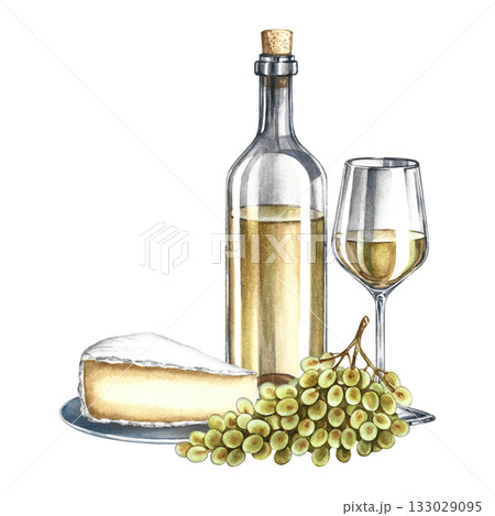 A bottle of white wine, a glass, a bunch of grapes, and cheese. Hand-drawn watercolor illustration. Isolation. Color image. For packaging and labels. For banners and posters, restaurant and bar menus. 133029095