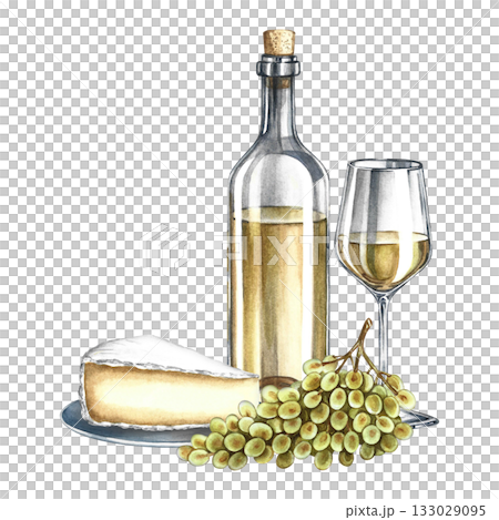 A bottle of white wine, a glass, a bunch of grapes, and cheese. Hand-drawn watercolor illustration. Isolation. Color image. For packaging and labels. For banners and posters, restaurant and bar menus. 133029095